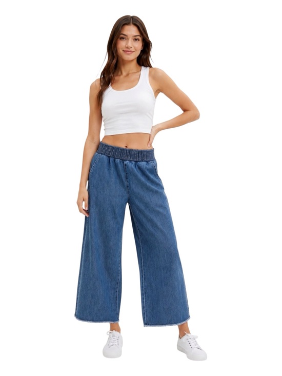 American Eagle Outfitters Pants - American Eagle Wide Leg Denim Pants Ruched Waist Chambray Medium